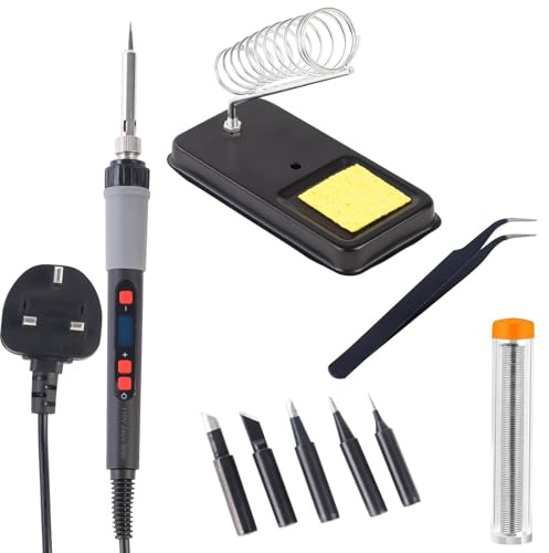 90W Soldering Iron Kit with Stand, Fast Heating Adjustable 180-500℃ | Digital LED Soldering Iron Kit with UK Plug, Tweezers, Solder Wire & 5 Replacement Tips for Electronics Soldering & DIY