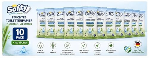 Soffy Flushable Moist Toilet Paper - With Bamboo Extract - Skin-Friendly & Alcohol-Free - Disposable in the Toilet - 15 Wipes Travel Size (10, 150)