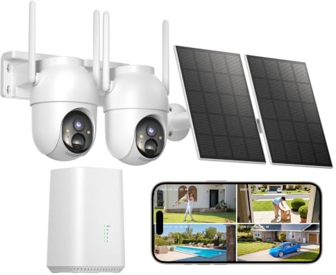 BOOPEX 2K Überwachungskamera Aussen Akku Solar, 2-Cam-Set mit Basisstation | 360° PTZ Kabellos, 32G Lokaler Speicher, Keine Gebühren, KI-Erkennung, Farbe Nachtsicht 2 Wege Audio, 5G/2,4G WLAN, für Haus