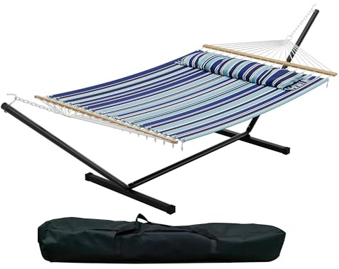 Garvee Hängematte mit Gestell 2 Personen, Doppelhängematte wetterfest bis 215kg, XXL Outdoor Hängemattenständer mit Kissen & Holz-Spreizstab, Stabiles Stahlgestell für Garten Balkon Terrasse, Blau