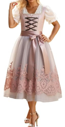 Vestido tirolés para mujer, vestido tradicional midi elegante, vestido tradicional Oktoberfest, talla grande, vestido de corbata cuadrado alemán, elegante, cosplay, disfraz medieval