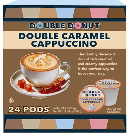 Double Donut Coffee Cappuccino Pods, Caramel Cappuccino, Single Serve for Keurig K Cups Brewers, 24 Count