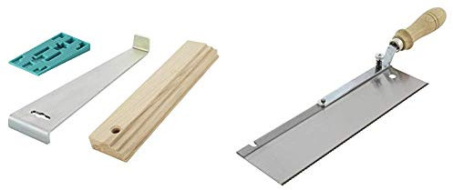 Wolfcraft 623372000 6931000-1 Set de Instalación Para Suelo Laminado Contenido. 20 Cuñas Distanciadoras, 1 Escoplo No. 6927000, 1 Taco de Madera + 6925000 Sierra de Mano con Mango Acodado y Orientable