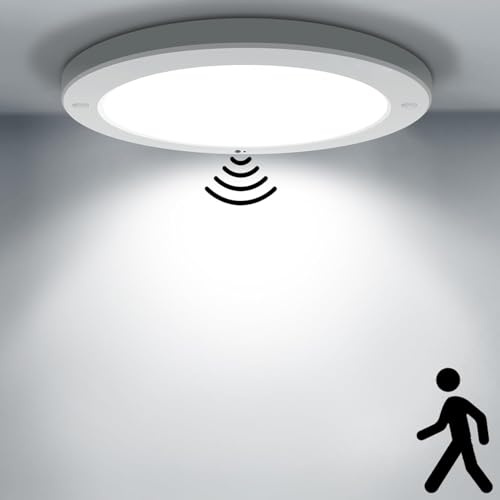 HiBay 18W Motion Sensor LED Ceiling Light with Twilight Sensor, Cool White | Round Ultra Slim Flush Mount PIR Lights Indoor 1800lm 240V for Hallway, Stair, Porch, Garage, Toilet