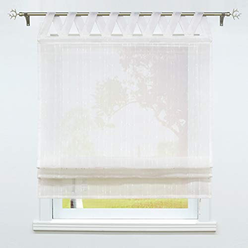 SCHOAL Raffrollo mit Schlaufen Halbtransparente Raffgardine Schlaufenrollo Gardinen Landhaus Leinen 1 Stück BxH 60x140cm Weiß #3