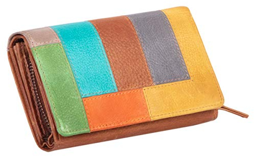 MIKA 42181 - Damengeldbörse aus Echt Leder, Portemonnaie im Querformat, Geldbeutel mit 12 Kartenfächer, Scheinfach und Münzfach mit Reißverschluss, Brieftasche in bunt - braun, ca. 15,5 x 10 x 4 cm