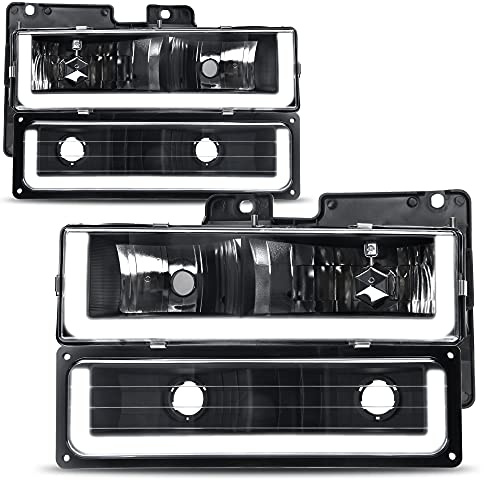 AUTOSAVER88 LED DRL Headlights Assembly Compatible with 1990-2000 Chevy GMC C/K Suburban Tahoe Yukon Pickup Headlamp Replacement Pair with Daytime Running Light Black Housing Clear Reflector