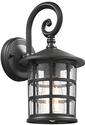Emliviar Outdoor Wall Lantern Sconce - Industrial Exterior Wall Mount Light Fixture for Garage, Seeded Glass in Black Finish, XE222B BK