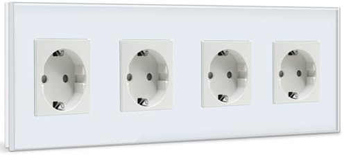 BSEED Schuko Steckdose 4 Fach Kristall Glas Platte Steckdose 16Amp Unterputzsteckdose 299mm Weiß Verlängerungssteckdosen Wandsteckdose