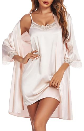 Ekouaer Sleepwear Women's Satin Nightgown with Robes Set 2 Piece Sexy Lace Cami Nightwear Champagne XXL