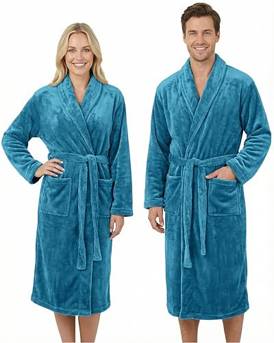 Gräfenstayn® Damen & Herren Kuschelfleece Bademantel ohne Kapuze mit Öko-Tex Standard 100 in Größe S-XXXL (M, Türkis)