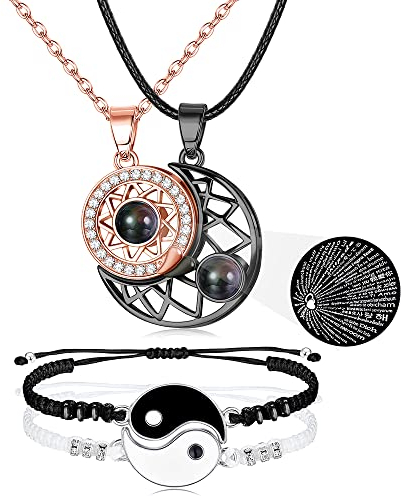Milacolato Pärchen Kette Armband Set Für Couple BFF, 100 Sprachen I Love You Magnet Sonne Mond Projektion Anhänger Halskette Ying Yang Armbänder Verstellbar Paar Freundschaftskette Schmuck Roségold