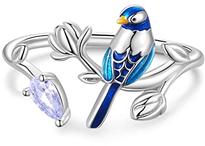 NewL Verlobungsring mit Kolibri-Motiv, offener Statement-Ring, blauer Kristall, Zirkonia-Blatt, verstellbar, erweiterbar, Sterlingsilber