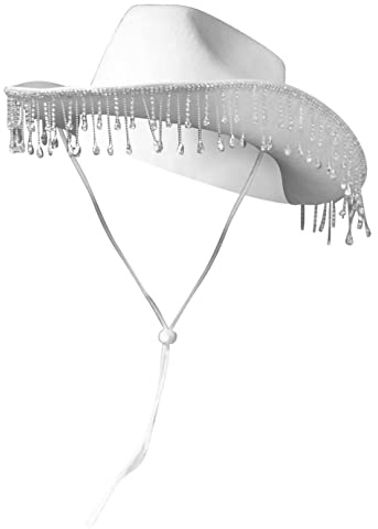 FEESHOW Cowboyhatt för kvinnor med strass fransar glitter cowgirl hatt hatt fest halloween karneval kostym tillbehör huvudbonad, Vit, one size