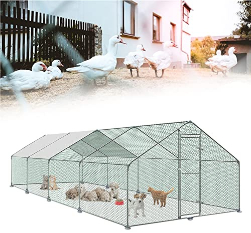 TRMLBE Hühnerstall Winterfest Kleintierstall 3x8x2m Hühnerhaus Verzinkter Stahl Geflügelstall Freilaufgehege mit PE Sonnenschutzdach und Schloss für Geflügel, Kaninchen, Kleintiere