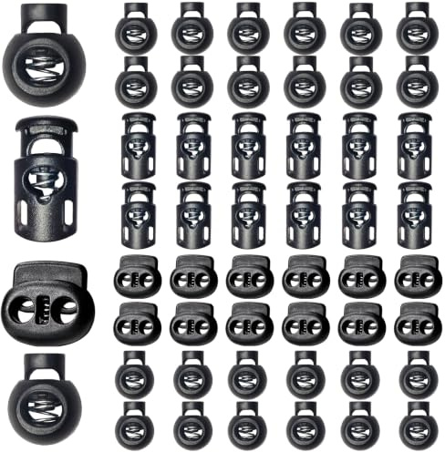 48 pezzi di chiusura a molla in plastica, cursore di fissaggio a clip, pulsanti di chiusura a levetta, cordino elastico per lacci per lacci delle scarpe, cordino paracord elastico, nero, 22.5 mm