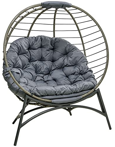 Outsunny Folding Rattan Egg Chair, Freestanding Basket Chair with Cushion, Bottle Holder Bag for Outdoor or Indoor, Grey