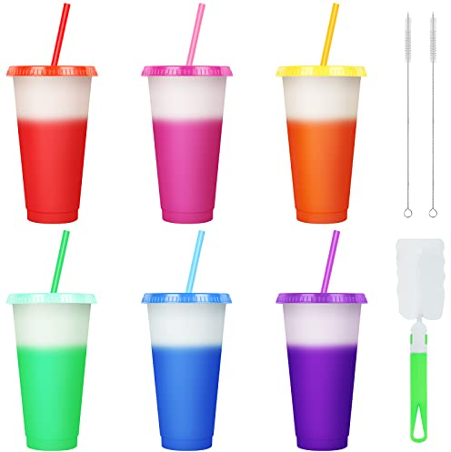 AUAUY Reusable Color Changing Cup, 6 Pack BPA Free Plastic Tumbler Set, 24oz Travel Iced Coffee Mug Tumbler with Straw Lid, Smoothie Milkshake Bottle Magic Cold Drink Water Cups for Party Kid Aldult