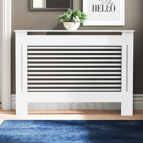 FATIVO Cache-radiateur haut en bois : extérieur 92 cm de hauteur, blanc, cache-radiateur de taille moyenne, hauteur intérieure 90 cm, lattes horizontales, étagère moderne haute pour radiateur, MDF