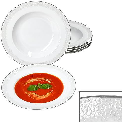 Ritzenhoff & Breker 6er Set Venezia Suppenteller I Ø21,8cm I 200ml I 6 Personen I Elegante Tiefe Teller mit Relief in Kieselstein-Optik I Schalen für Pasta I weiße Porzellan-Teller für Salat & Co