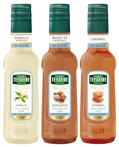 Mathieu Teisseire Sirup Light Set (3 x 250ml Flaschen: Vanille 0%, Caramel 0% & Haselnuss 0%)