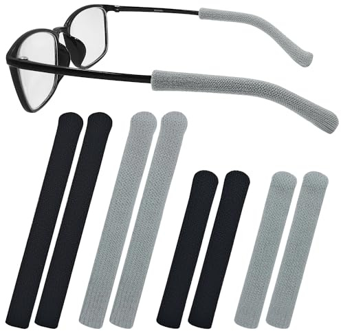 4 Paar Anti-Rutsch-Elastik-Komfort-Brillen-Ohrgriff, S/L, 2-Größe, Brillen-Bügelenden, Ärmelhalterung, weiche, gut sitzende Brille, Ohrpolster, Strick-Baumwollstoff, Brillen-Ohrgriffe, schwarz/grau