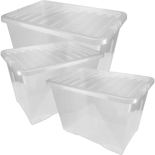 STORM TRADING GROUP 3 Pieces 80L Plastic Storage Boxes With Lids 80 Litres | Transparent Clear Large Size Stackable See Through Box