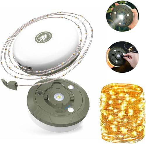 PKKP Guirlande lumineuse de camping enroulable - 8 m - 2000 mAh - Batterie USB rechargeable - Lampe de camping 2 en 1 - Étanche - IP67 - Avec 5 modes d'éclairage - Pour randonnée, camping, urgence