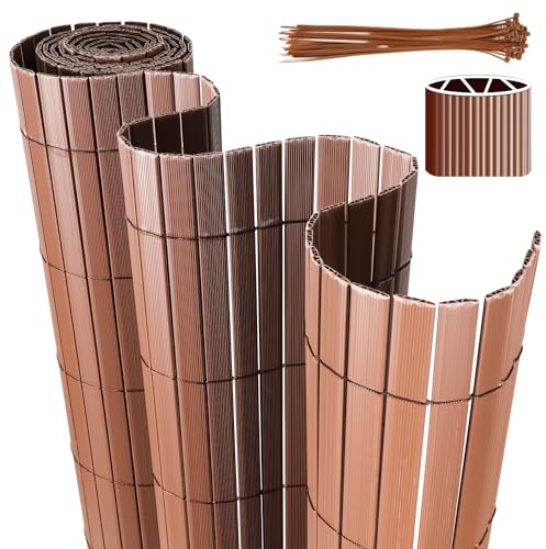 Eulenke PVC Sichtschutzmatte, 80 x 400cm Sichtschutzzaun mit Kabelbindern, Innen W-Struktur Verstärkte Lamellen, Windschutz Balkon sichtschutz für Zaun Garten Terrasse, Braun