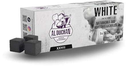 Al Duchan Shisha Kohle Naturkohle – Premium Kokoskohle für Wasserpfeife – 1KG, 4KG, 10KG, 20KG – Hohe Hitze, Lange Brenndauer (White 27x27x27mm 1KG)