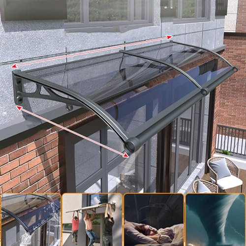 Polycarbonat für Eingangstür Türdach Grau Pultbogenvordach Vordach Haustür Eingangsmarkise Regenschutz,Automatische Entwässerung,Vordach aus Aluminium grau Ständer (120 x 200cm)