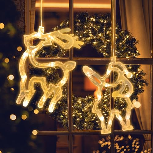 Jsdoin LED Christmas Window Light Elk and Santa Claus, Twinkle Christmas Curtain Light with Timer, Hanging Lights for Party Shop Window Xmas Decoration, Outdoor Indoor, Battery Powered(Warm Light)