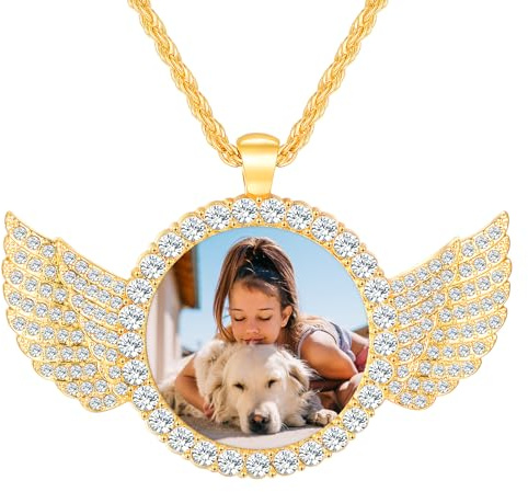FAMIPAWS Collier avec photo personnalisé pour homme et femme - Médaillon souvenir d'animal domestique - Chaîne circulaire - Bijoux Hip Hop - Ailes d'ange/cœur/rond/plaque d'identité de chien, Zinc