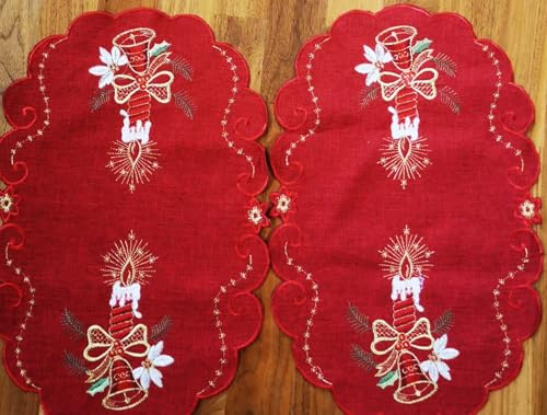 Aude Home Tischläufer 30x45 cm - Klassisch, Rot, Polyester, Glocken und Kerzen mit goldenem Schein