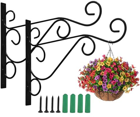 AUXHCYL 2Pcs Hanging Basket Brackets Outdoor,Hanging Baskets Plant Hooks,Iron Hanger Wall Hook for Lantern,Planter,Bird Feeder, Fence (Black)