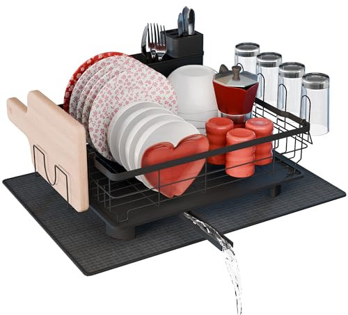 RebelEver Dish Drainer Rack - Draining Board Rack - Sink Drainer Rack - Plate Rack - Driying Rack Kitchen - Dish Drying Rack with Drainage Pipe to the Sink - Drying Mat included (1 Tier)