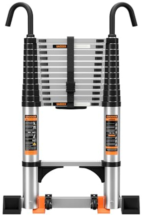Telescoping Ladder,8.5FT Aluminum Multi-Purpose Collapsible Ladder with Stabilizers and Hooks,Jiashche Portable Extension Ladder for RV or Outdoor Work Silver,330lb Max Capacity
