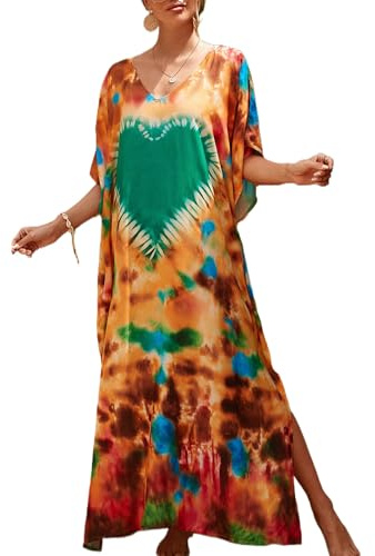Chunoy Women Heart Shape Kaftan V Neck Casual Bathing Suit Kimono Sleeve Side Split Beach Cover Up Caftan Dress