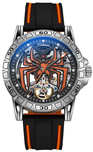 DAXIAOYU personlighet helautomatisk Tourbillon mekanisk klocka för män ihåligt skelett spindeldesign maskhål koncept klocka vattentät lysande mode trend armbandsur, Orange, Lyx