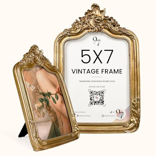 97 Decor 5x7 Vintage Picture Frame - Elegant Antique Frames 5x7 With Glass Front, Fancy Ornate Gold Frame 5 X 7 For Tabletop And Wall Mounting, Victorian Photo Frames For Walls Hanging