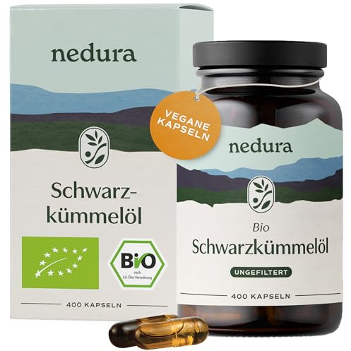 nedura® BIO Schwarzkümmelöl Kapseln (ungefiltert) 400 Stück in veganer Kapsel – BIO-Schwarzkümmel aus Ägypten in eigener Deutscher Manufaktur kaltgepresst & schonend verarbeitet – 1000 mg Tagesdosis