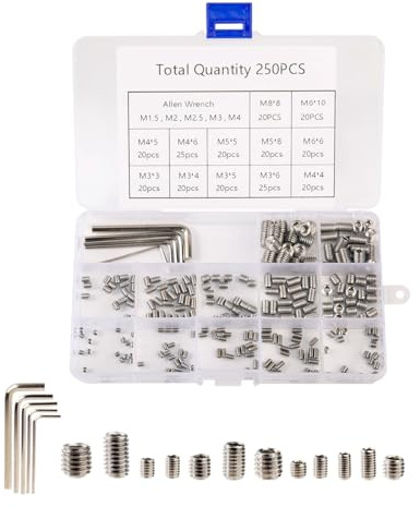 250 Stück Madenschrauben Sortiment Set, Innensechskant Gewindestifte mit Schraubenschlüssel, Sechskantkopf Schrauben für Türgriffe, Wasserhahn - M3/M4/M5/M6/M8