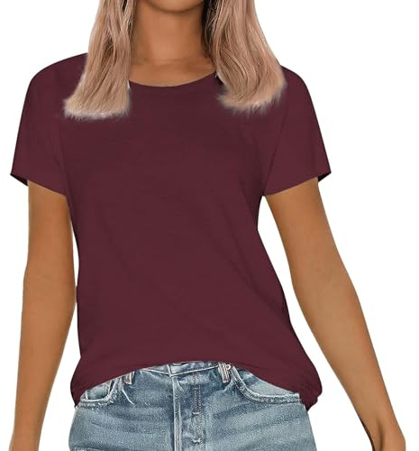 Haut pour femme, t-shirt à manches courtes, confortable en coton, t-shirt léger et respirant, couleur unie, col rond, t-shirt basique décontracté, classique, polyvalent, tenues tendance, bordeaux, L