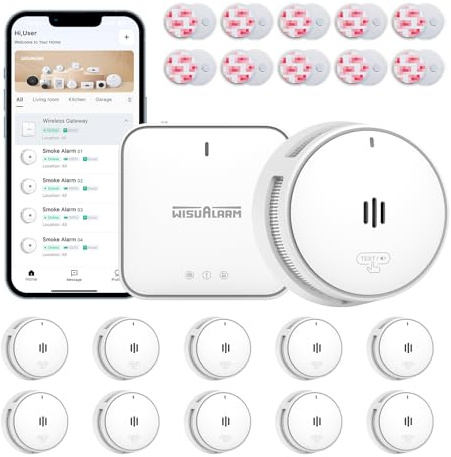 Wisualarm Rauchmelder Vernetzt mit Basisstation (10er Set + 1 Gateway + 10 Magnetpads), Intelligenter Feuermelder mit App für Haus & Büro, 10-Jahres-Batterie, DIN EN 14604 Zertifiziert