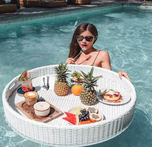 CVNIMV Plateau de Service Rond en rotin tressé, Plateau de Petit-déjeuner Flottant en rotin avec poignées, Plateau Flottant pour Piscine (Blanc 60 cm)