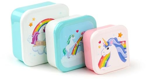 eMKay® Rainbows Unicorn Lunch Box Set of 3 – Stackable Food Storage Containers (250 ml/350 ml/550 ml) | BPA‑Free Polypropylene Snack Pots – Nesting Lunchboxes for Kids & Adults