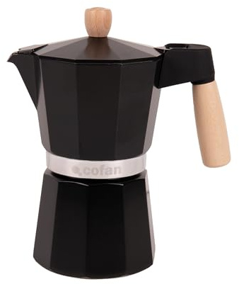 Cofan Cafetière italienne à induction | Capacité : 6 tasses | Matériau : corps en aluminium | Convient à tous les types de plaques de cuisson | Couleur : noire | Poignée et bouton en bois (1, noir)