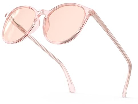 Bloomoak Rosagetönte Migränebrille, runde Retro-Brille mit Blaulichtfilter, FL-Gläser bei Lichtempfindlichkeit, Schutz vor fluoreszierendem Licht