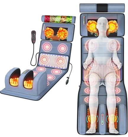 Home - Tapete de masaje térmico de cuerpo completo, 10 motores de vibración y 2 zonas de calor para cuello, espalda, hombros, lumbar y pantorrillas, almohadilla de colchón de masaje para relajación