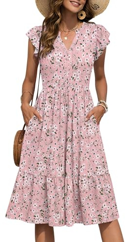 PLMOKEN Sommerkleid Damen Midi V-Ausschnitt Empire Elegant Kleider